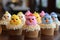 Easter cupcakes with chicks on top in a bakery shop. Front view