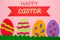 Easter. Cut out the felt applications of four colorful eggs on pink background. Flat lay