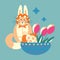 Easter cute cat with rabbit ears and a plate with Easter eggs and flowers, tulips
