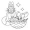 Easter cute cat with rabbit ears and a plate with Easter eggs and flowers, tulips. Line art