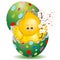 Easter Cute Chick on his Colorful Egg holding Spring Flowers