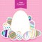 Easter day for egg on vector design. Colorful pattern for eggs. Colorful egg on pink background.