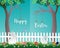 Easter day with white rabbits,colorful eggs,little daisy and butterfly in the garden on blue background