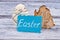 Easter decor, gray wood background.