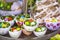 Easter decor, hanging baskets with eggs in the grass, eggshell baskets, Easter decoration