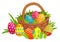 Easter decorated eggs in wicker basket. Colorful eggs with hearts, lines, dots and twirls decor for holiday