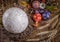 Easter decoration. colored Easter eggs and composition of dried