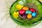 Easter decoration with colored Easter eggs, daffodils and green grass