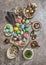 Easter decoration colored eggs birds feather. Boho style