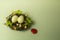 Easter decoration, eggs in a bird nest and ladybird on pistachio green background
