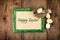 Easter decoration with green wooden frame. Top view Text Happy Easter