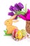 Easter decoration with rabbit, eggs and tulips