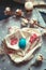 Easter decoration - wooden egg on fabric napkins