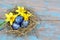 Easter decorations. Eggs in nests on wood