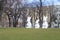 Easter decorations in park in Poznan, Poland - three white giant rabbits, Easter bunnies