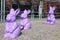 Easter decorations in park in Poznan, Poland - violet Easter bunnies, Easter rabbits