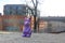 Easter decorations in park in Poznan, Poland - violet Easter bunny, giant rabbit