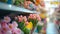 Easter decorations on store shelves. Colorful Easter eggs and flowers in a blurred store aisle. Selective focus.