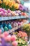 Easter decorations on store shelves. Colorful Easter eggs and flowers in a blurred store aisle. Selective focus.