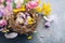 Easter decorations on wooden surface