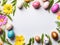 Easter delight in bloom: a vibrant arrangement of spring flowers and vibrant eggs.