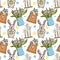 Easter details seamless pattern with doodle illustrations. Easter cake, tulips, bunny with egg. Bright vector