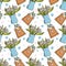 Easter details seamless pattern with doodle illustrations. Easter cake, tulips in a vaze. Bright vector Illustration for