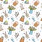 Easter details seamless pattern with doodle illustrations. Willow, Easter cake, tulips, candles, bunny, multicolor eggs