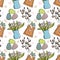 Easter details seamless pattern with doodle illustrations. Willow, Easter cake, tulips, multicolor eggs. Bright vector