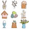 Easter details set with doodle illustrations. Spring bunny, multicolor eggs, candles, tulips in a vase, birdhouse