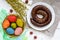 Easter dishes: colorful colored eggs, home-made sausage ring, willow twigs