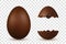 Easter egg 3d. Chocolate brown whole and broken eggs set, isolated white transparent background. Traditional decoration