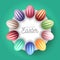 Easter egg banner. Easter card with eggs laid out in a circle on a white plate, colorful ornate eggs on fresh green modern