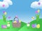 Easter egg basket hunt background garden illustration with clouds tulip flowers green grass hills blue sky and butterflies with co