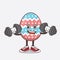 Easter Egg cartoon mascot character on fitness exercise trying barbells