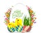 Easter egg and chicken poster. Springtime flowers