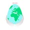 Easter egg with green and blue world map in numan hands or palms. Planet Earth in form of egg on white background with greeting te