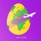 Easter egg with green world map. Yellow Planet Earth in form of egg on bright purple background with flying light gray airplane an