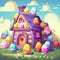 Easter Egg House with a Vivid Easter Egg Roof - A Fantastical Scene of a Home Surrounded by Festive Easter Eggs