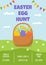 Easter egg hunt banner. Wicker basket with decorated easter eggs and flowers