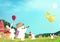 Easter, egg hunt, bunny looking to golden egg flying on grass field in nature garden, fairy tale fantasy cartoon, greeting card,