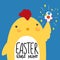 Easter egg hunt chicken holding colorful sparkle egg cartoon illustration doodle style