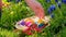 Easter Egg Hunt.Childs hand puts eggs in a wicker basket in blue muscari flowers.Easter holiday tradition.Spring