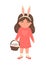 Easter egg hunt. Cute little girl in bunny ears holding basket