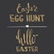 Easter egg hunt. Hello Easter. Simple pattern with lettering text. Easter holiday black and gold background for printing on fabric