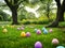 Easter Egg Hunt. A whimsical scene of hidden Easter eggs nestled among lush green grass