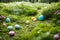 Easter Egg Hunt. A whimsical scene of hidden Easter eggs nestled among lush green grass