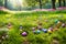 Easter Egg Hunt. A whimsical scene of hidden Easter eggs nestled among lush green grass