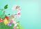 Easter, egg hunting, greeting card holiday, cute bunny cartoon adventure in garden, invitation poster background vector