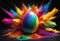 Easter egg into Powerful explosion of colorful rainbow holi powder. Generative AI